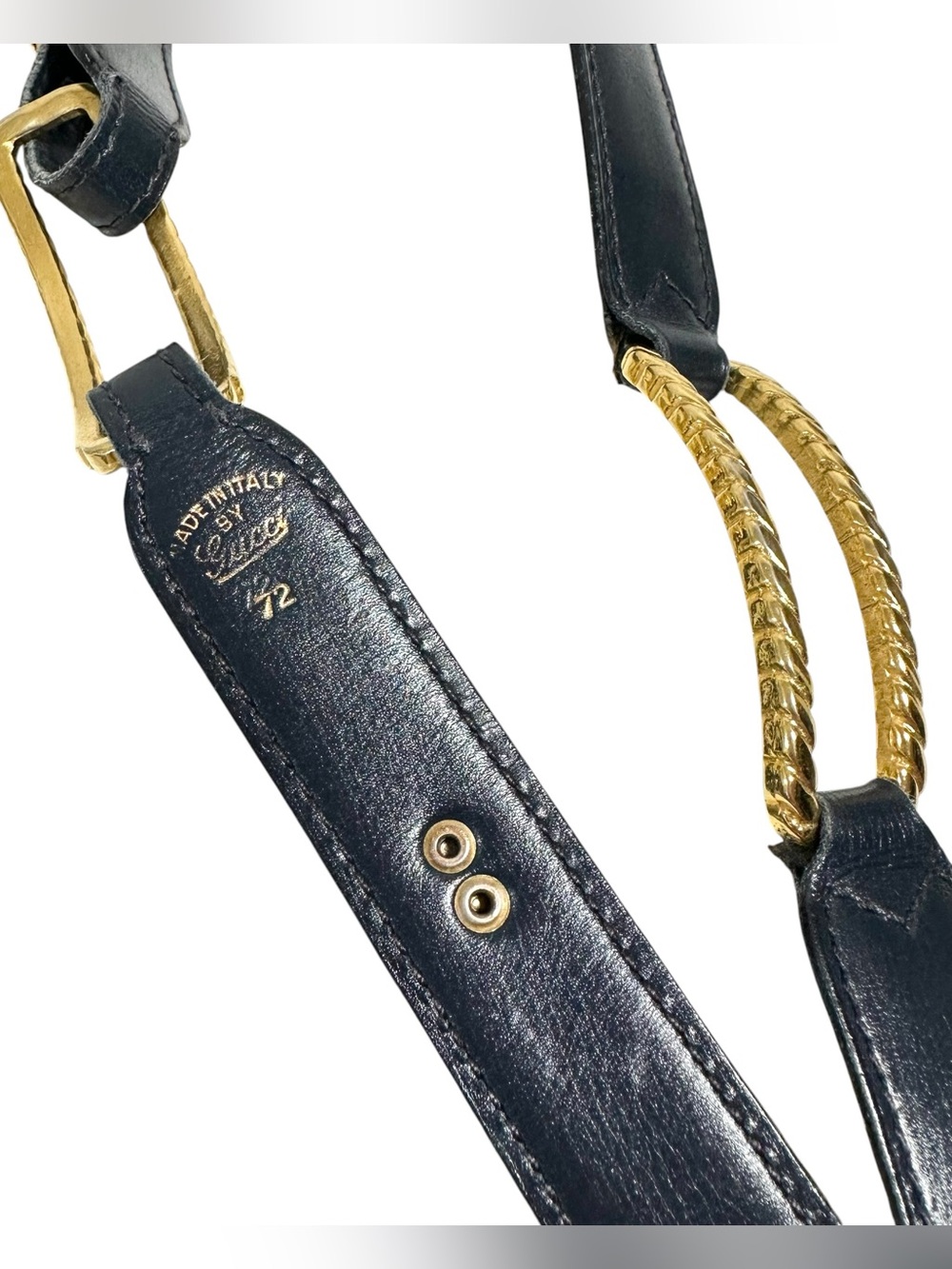 Gucci Gold & Navy Blue Leather Adjustable Vintage Classic Slim Belt Size 72/28 - Picture 6 of 15
